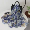 Floral printed long scarf for women, elegant blue and white lightweight shawl for daily wear. - Five-Petal Hibiscus Blue