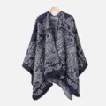 Dark blue paisley pattern winter warm shawl cape, elegant vintage style women outerwear. - Slit Scarf / Navy Blue