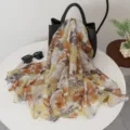 Floral print scarf for women, lightweight vintage silk feel long shawl wrap for spring summer. - Five-Petal Hibiscus Rice Yellow
