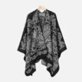 Women fashion autumn winter warm knitted cape shawl, classic paisley pattern elegant wrap. - Slit Scarf / Black