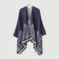 Ethnic style knitted cape shawl for men, warm and cozy winter outerwear for travel. - Slit Shawl Style (Paisley) / Navy Blue