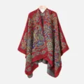 Women winter warm knit shawl cape with vintage paisley pattern open front elegant red wrap - Slit Scarf / Red