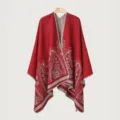 Ethnic knit shawl cloak for men, warm winter outdoor wear, stylish travel photo cape. - Slit Shawl Style (Paisley) / Red