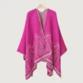 Ethnic style knitted shawl cape variant, warm winter outer wear, stylish travel photo clothing. - Slit Shawl Style (Paisley) / Pink