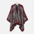 Women's Winter Warm Knitted Paisley Shawl Cape Red Elegant Fashion Open Front Wrap Scarf - Slit Scarf / Burgundy