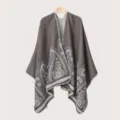Ethnic style knitted shawl cape for men, dark grey warm winter outer wear and travel photo prop. - Slit Shawl Style (Paisley) / Gray