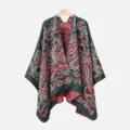 Women winter warm knitted shawl cape, dark green red paisley pattern open front cloak scarf. - Slit Scarf / Green