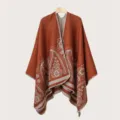 Men's Ethnic Paisley Knitted Cape Warm Winter Thickened Shawl Outdoor Travel Outerwear - Slit Shawl Style (Paisley) / Caramel color