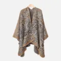 Women winter knitted paisley pattern cape poncho shawl in brown color for daily fashion. - Slit Scarf / Camel