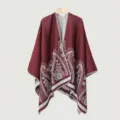 Men's Ethnic Style Knit Shawl Cape Burgundy Paisley Pattern Winter Warm Outerwear - Slit Shawl Style (Paisley) / Burgundy
