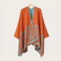 Ethnic style orange and turquoise knit poncho cape, comfortable and warm winter outerwear. - Slit Shawl Style (Paisley) / Orange