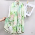 Green and pink watercolor lotus silk scarf, lightweight vintage ribbon scarf for summer daily wear. - PS167 Style