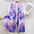 Elegant gradient purple long silk scarf with artistic landscape print, lightweight versatile. - PS236 Style
