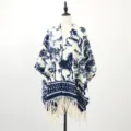 Blue and white equestrian horse pattern knitted shawl poncho stylish warm winter cape outerwear - Flying Pegasus