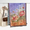 Vintage floral print silk scarf for women, elegant purple and orange double-sided design. - Style 11