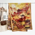 Chinese landscape print silk scarf, vintage gold and red square scarf, elegant apparel accessory. - Style 12