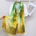 Sciarpa di seta con stampa paesaggistica cinese, elegante scialle verde protezione solare. - Stile PS010