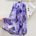 Elegant purple Chinese style landscape print silk scarf, lightweight chiffon shawl for women. - PS194