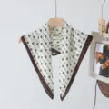 Retro old money style printed small square scarf with brown border and chic monogram design. - Milky White Monogram