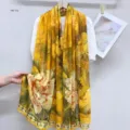 Chinese style vintage faux silk floral long scarf yellow summer sun protection shawl - Style 3