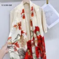 Traditional Chinese vintage style artificial silk long scarf with floral bird print shawl. - 9