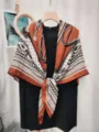 Elegant orange printed square scarf, retro equestrian design, soft silky shawl for women. - Style 11 (#11)