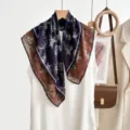 Vintage floral square silk scarf women elegant blue brown neckerchief chic head wrap shawl - CY-3
