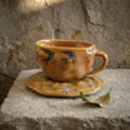 Set de taza de cafe y plato de ceramica artesanal con esmalte retro y patron de pajaro para el hogar - 201-300ml / 1 Paquete de Caja de Regalo / Golondrina Marrón de Lava