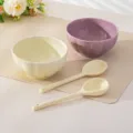 Set de bol citrouille en céramique de 4.5 pouces et cuillère, blanc lait et violet, vaisselle. - Paquet de 2 Pièces avec Cuillères / Blanc Crème + Violet Taro
