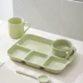 Light green ceramic breakfast plate set with divided tray, bowl, mug and spoon for meals. - 4-Piece Set - Glossy Milky Green