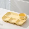 Cream yellow ceramic divided dinner plate set with double-ear bowl for daily meals - 4-Inch Glazed Double-Handle Soup Bowl and 12.5-Inch Divided Plate - Glossy Cream Yellow - 1 Piece