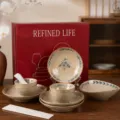 Ensemble de bols et d'assiettes en céramique rétro japonaise, vaisselle esthétique pour la maison - Floral Qinghui / Set de 17 Pièces pour 4 Personnes