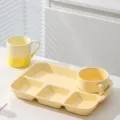 Cream yellow ceramic tableware set including partitioned dinner plate, double-eared bowl and mug. - 3-Piece Set B - Glossy Milky Yellow