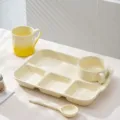 Cream ceramic breakfast plate set with partitioned tray, bowl, mug and spoon for kitchen - 4-Piece Set - Glossy Milky White