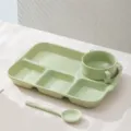 Light green ceramic breakfast plate set with divided tray, bowl and spoon, cream style. - 3-Piece Set - Glossy Milky Green