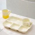 Cream white ceramic breakfast partitioned plate double ear bowl and mug tableware set - 3-Piece Set B - Glossy Milky White