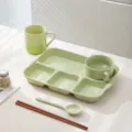 Green ceramic partitioned breakfast plate set with matching cup, bowl, spoon and chopsticks. - 5-Piece Set - Glossy Milky Green