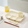 Minimalist cream ceramic partitioned breakfast plate set with mug, bowl, spoon and chopsticks. - 5-Piece Set - Glossy Milky White