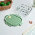 Heat-resistant glass bento lunch box with green plastic leakproof lid and cute prints. - Lamb's Spring - Oval Glass Lunch Box without Compartments