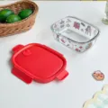 Clear glass lunch box with cute print and red airtight lid for office meal prep and storage. - Apple Dog - Oval Glass Lunch Box without Compartments