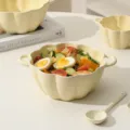 Creamy ceramic double ear bowl cute pumpkin shaped soup bowl with matching ceramic spoon - 9.5-Inch Double-Handle Flower-Shaped Bowl with Spoon