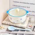 Joli bol à nouilles en céramique avec couvercle et cuillère, vaisselle élégante. - Set de 4 pièces / Flocon de Neige Blanc