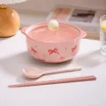 Bol à nouilles instantanées en céramique rose avec couvercle, joli nœud, 800 ml. - Bol avec Couvercle + Baguettes + Cuillère Tordue / Rose