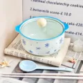 Set de Bol à Nouilles en Céramique Mignon avec Couvercle et Cuillère, Motif Flocon de Neige - Set de 4 pièces / Flocon de Neige Bleu