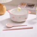 Bol à nouilles en céramique rose avec couvercle, cuillère et baguettes, joli design nœud 800ml - Bol avec Couvercle + Baguettes + Cuillère Tordue / Blanc