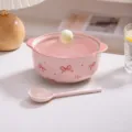 Bol à nouilles en céramique rose avec couvercle, nœud mignon, double oreilles, 800ml. - Bol avec Couvercle + Cuillère Tordue / Rose