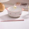 Joli bol à nouilles instantanées en céramique avec couvercle design nœud rose 800ml - Bol avec Couvercle + Baguettes / Blanc