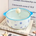 Blue ceramic instant noodle bowl with lid, cute snowflake design, home kitchen tableware. - Two-Piece Set / Blue Snowflake