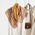 Elegant 70cm square silk scarf, vintage geometric print women's neckerchief hair accessory. - CY-10