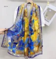Blue Yellow Peacock Print Faux Silk Scarf Retro Floral Shawl Hanfu Summer Accessory - 18